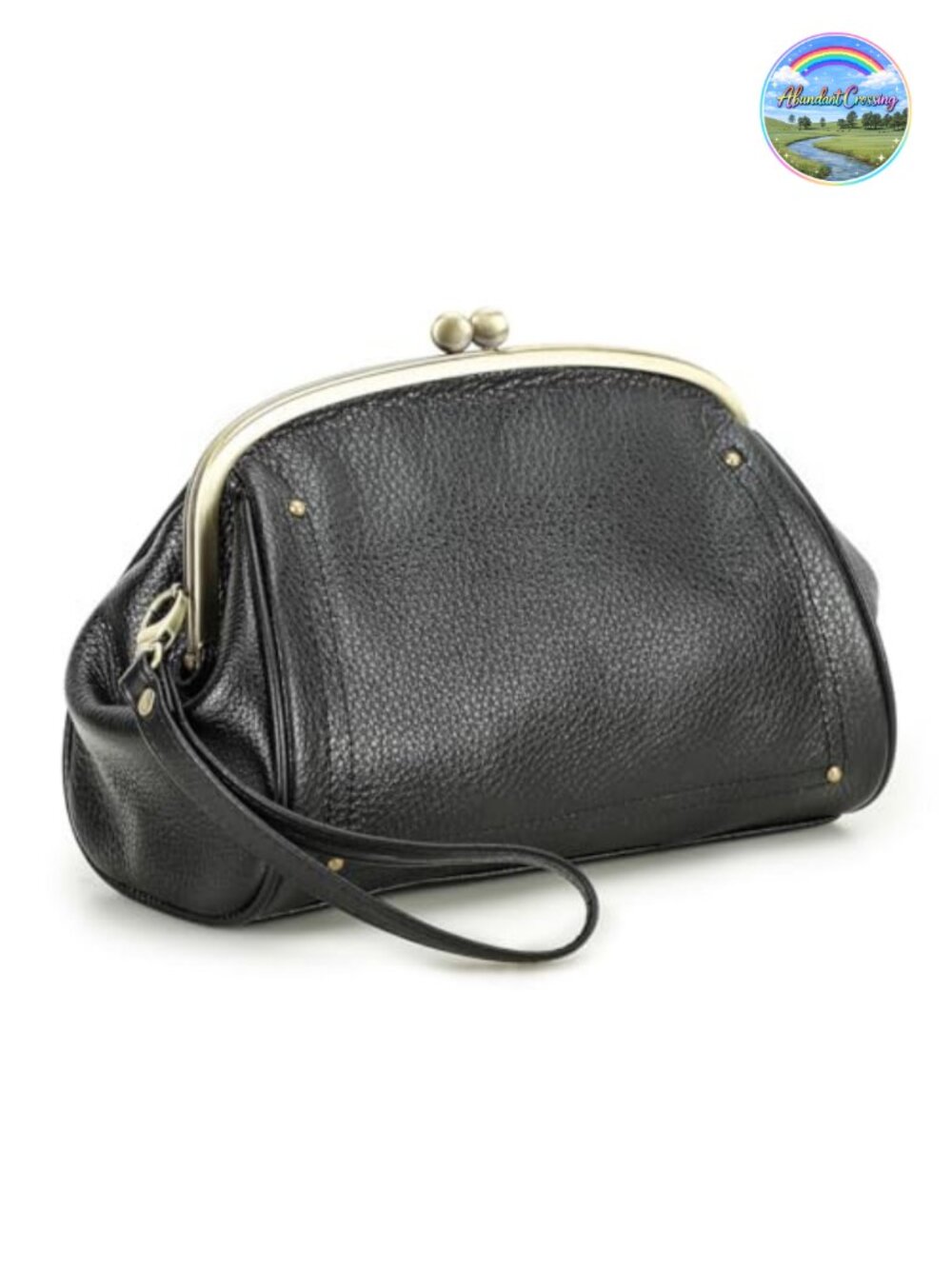 Full Grain Leather Kiss Lock Clutch Purse with Wristlet Strap